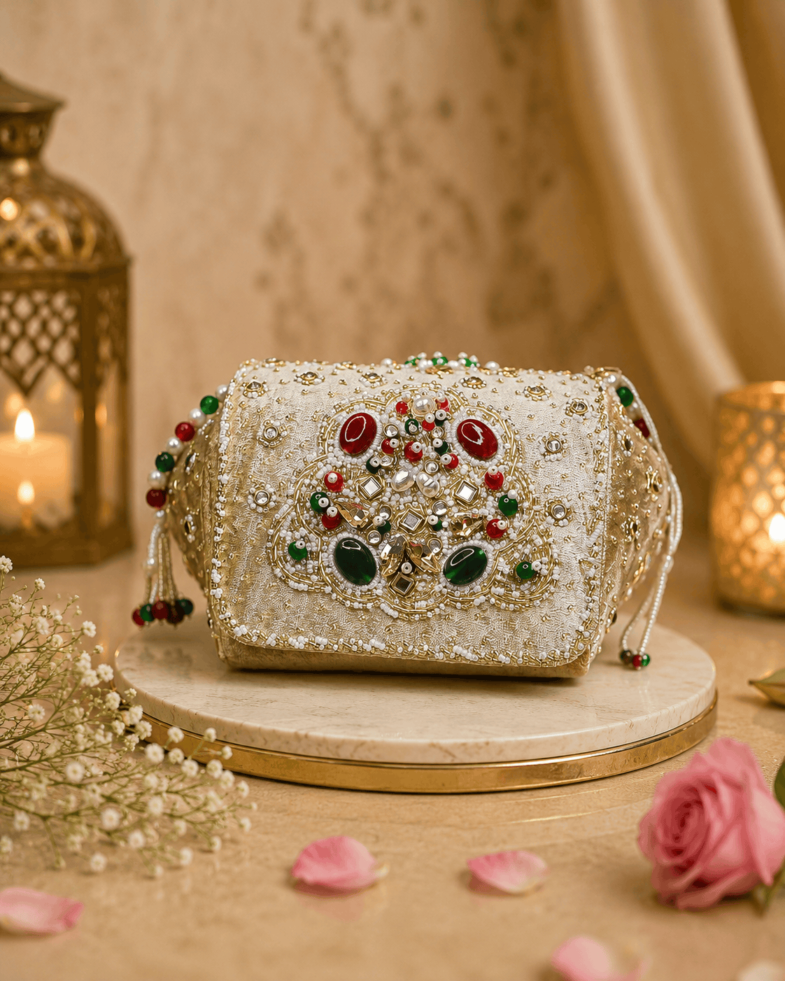 Beige-gold embellished box clutch with raised ornate jeweled front and beaded handle