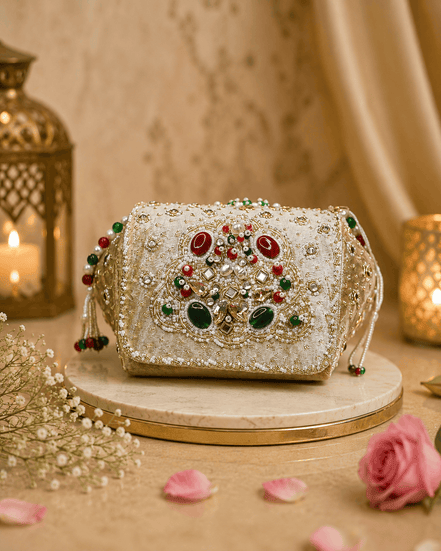 Beige-gold embellished box clutch with raised ornate jeweled front and beaded handle