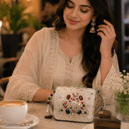 Embellished box clutch with beaded fabric and multicolor gem-style ornament front