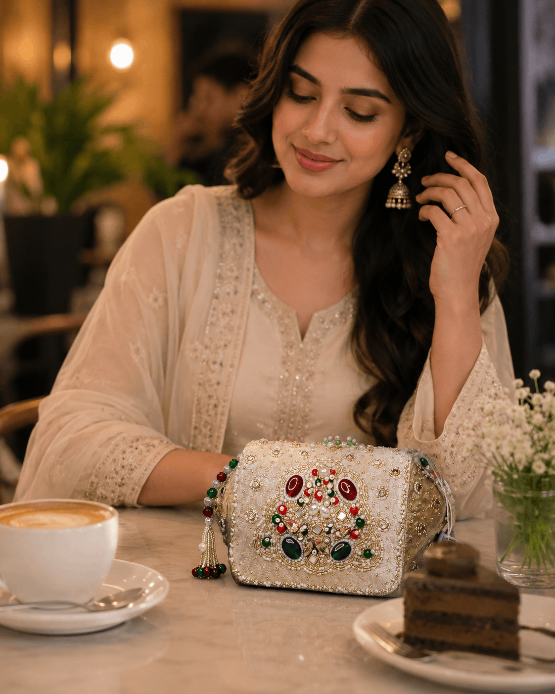 Embellished box clutch with beaded fabric and multicolor gem-style ornament front