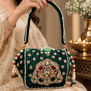 Emerald green beaded box clutch with jeweled front and long beaded handle