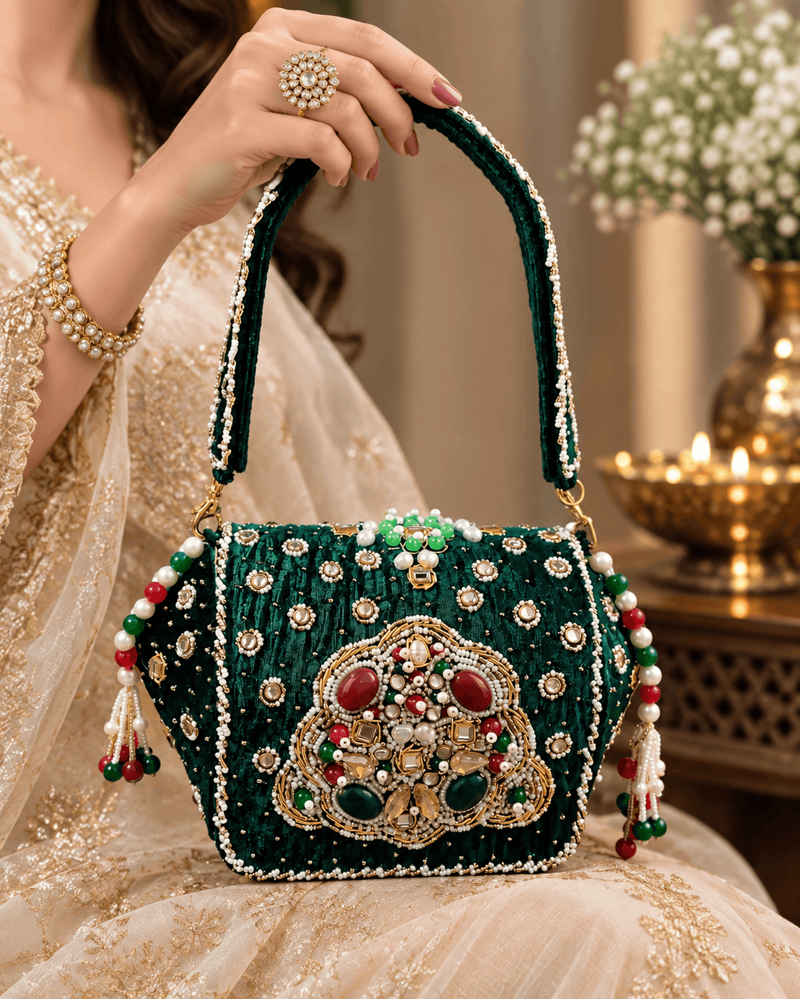 Emerald green beaded box clutch with jeweled front and long beaded handle