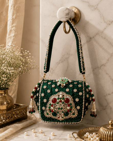 Emerald green embellished box clutch with ornate central motif and beaded fringe tassels