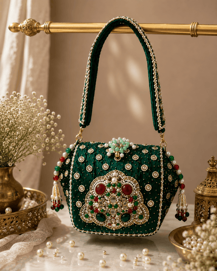 Emerald green jeweled box clutch with rounded beaded top handle and decorative front