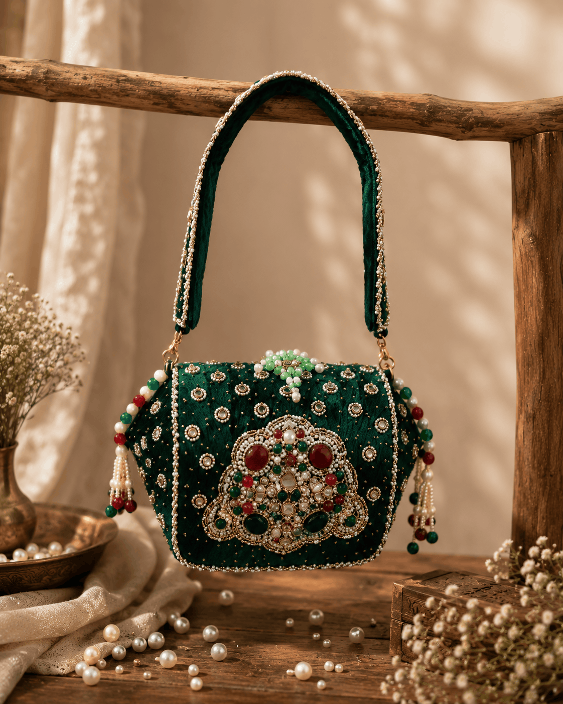 Emerald green beaded box clutch with jeweled medallion front and pearl-like bead accents