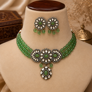Green floral choker set with scalloped bead collar and matching center drop earrings