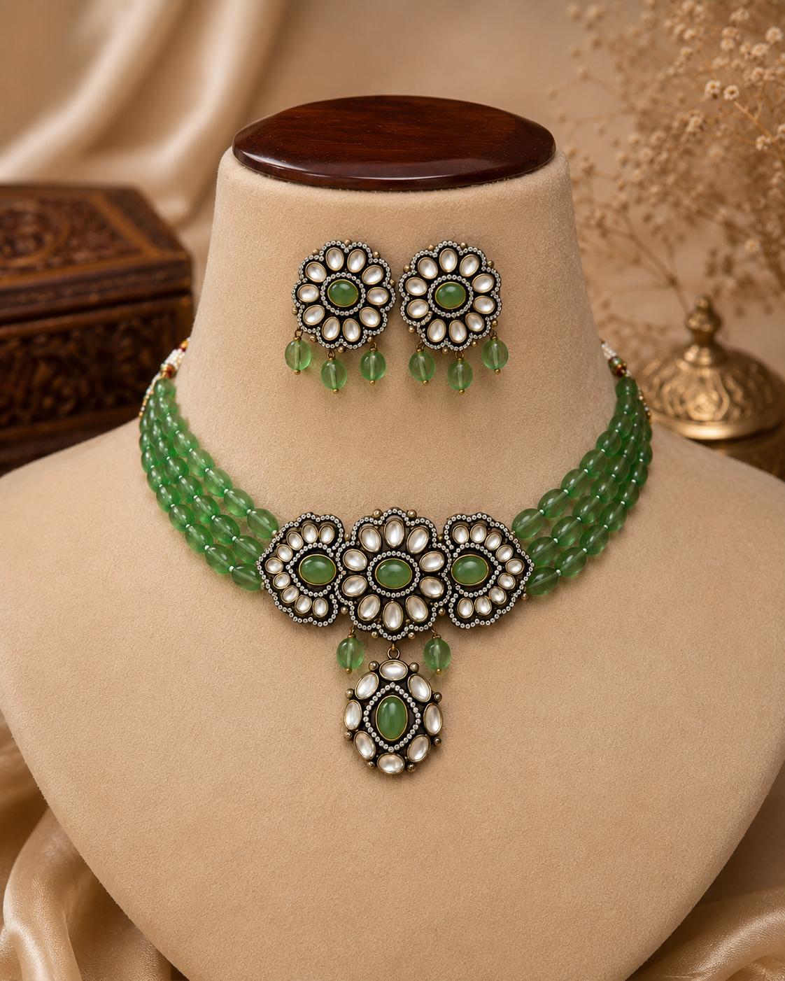 Green floral choker set with scalloped bead collar and matching center drop earrings