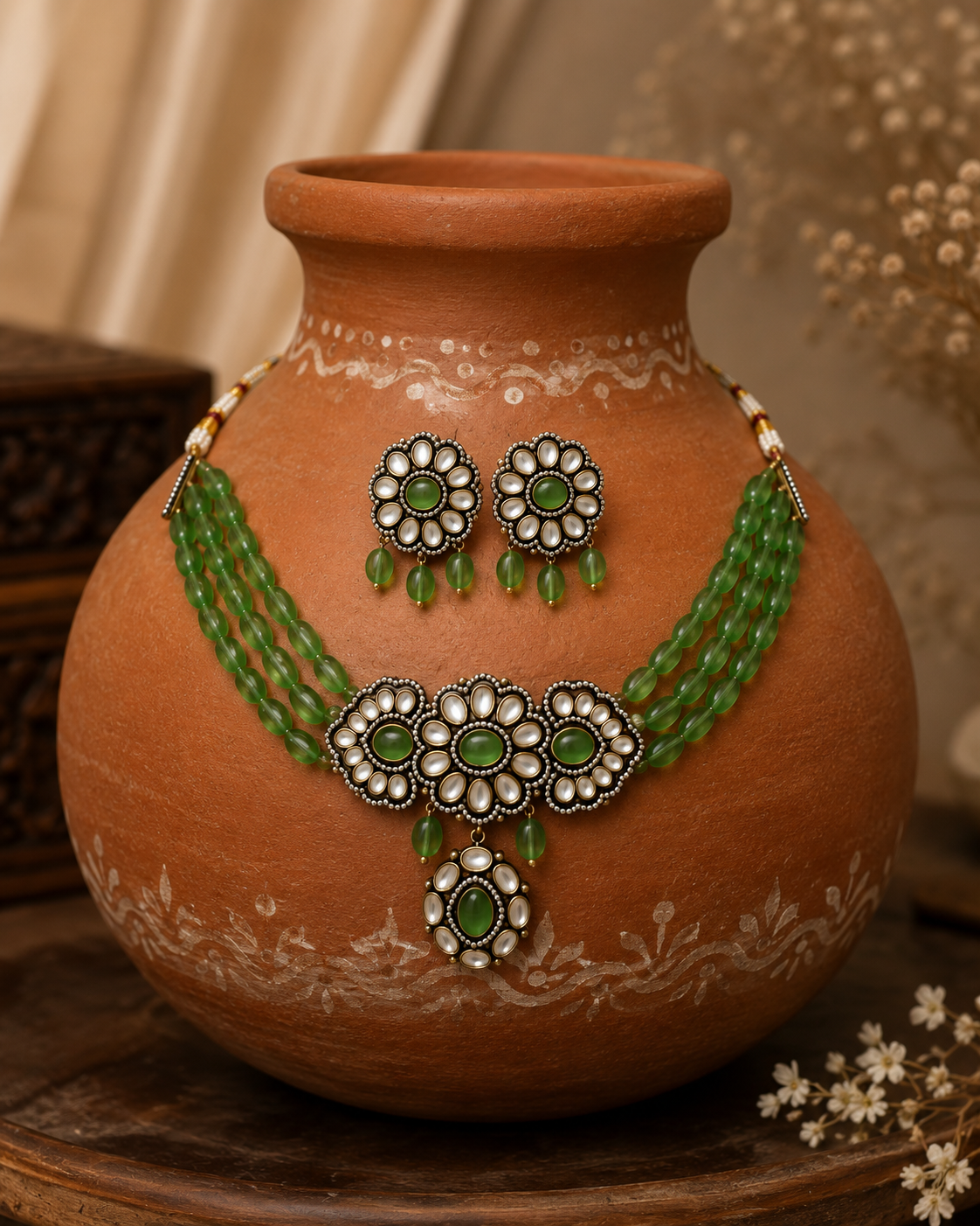 Green floral choker set with layered bead necklace and matching dangling earrings
