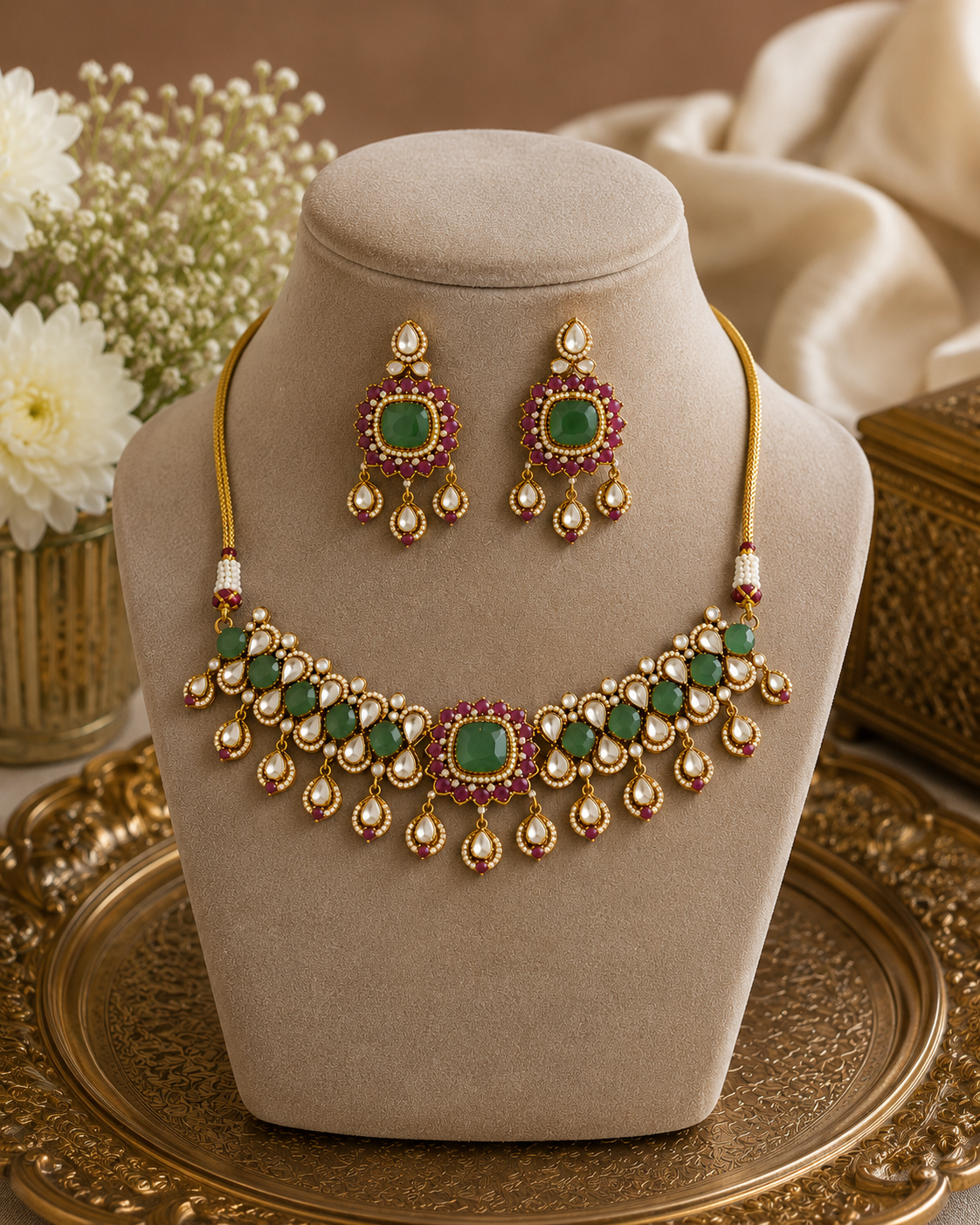 Gold-tone kundan necklace set with green center pendant and dangling earrings on beige bust.