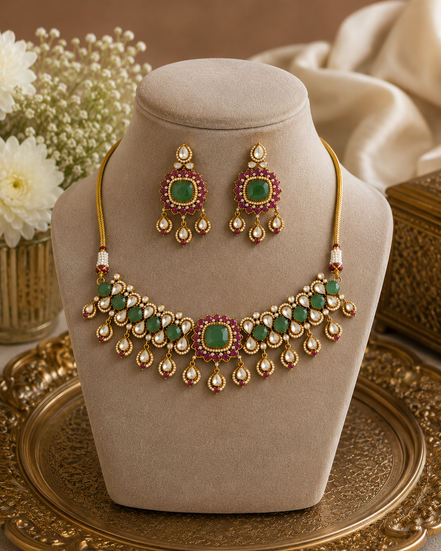 Gold-tone kundan necklace set with green center pendant and dangling earrings on beige bust.