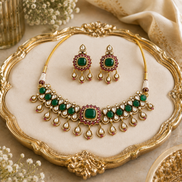 Gold-tone kundan necklace and earrings set with green stones and red drops on tray.