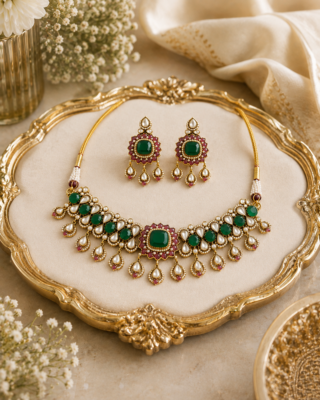 Gold-tone kundan necklace and earrings set with green stones and red drops on tray.