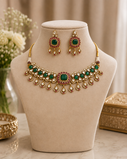 Gold-tone kundan necklace set with dark green center stones and dangling earrings.