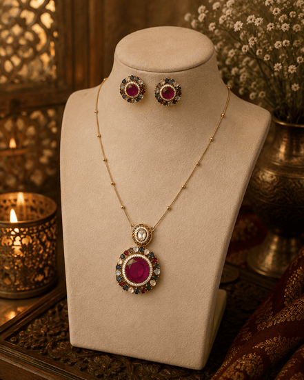 Gold-tone pendant necklace set with round multicolor gemstone earrings and teardrop pendant