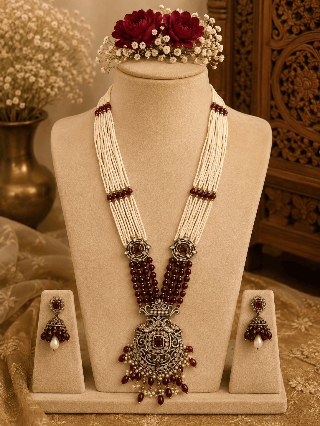 Maroon beaded pearl necklace set with gold-tone pendant and matching stud earrings