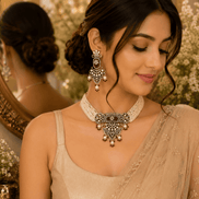 Ruby red enamel necklace set with chandelier earrings, gold-tone; worn on model
