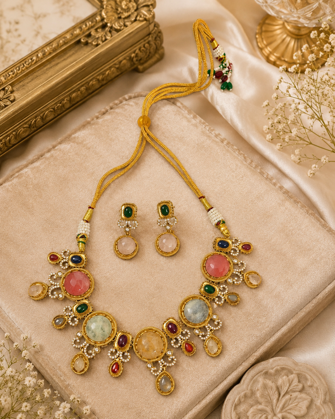 Gold-tone necklace and earrings set with green, red, blue and light round stones
