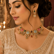 Woman wearing gold-tone gemstone necklace with matching stud earrings and drop charms