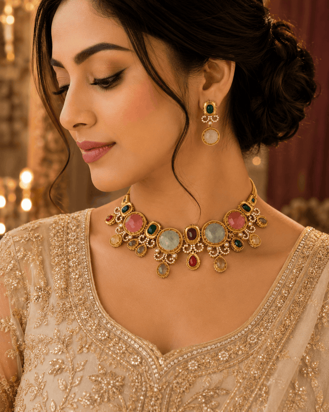 Woman wearing gold-tone gemstone necklace with matching stud earrings and drop charms