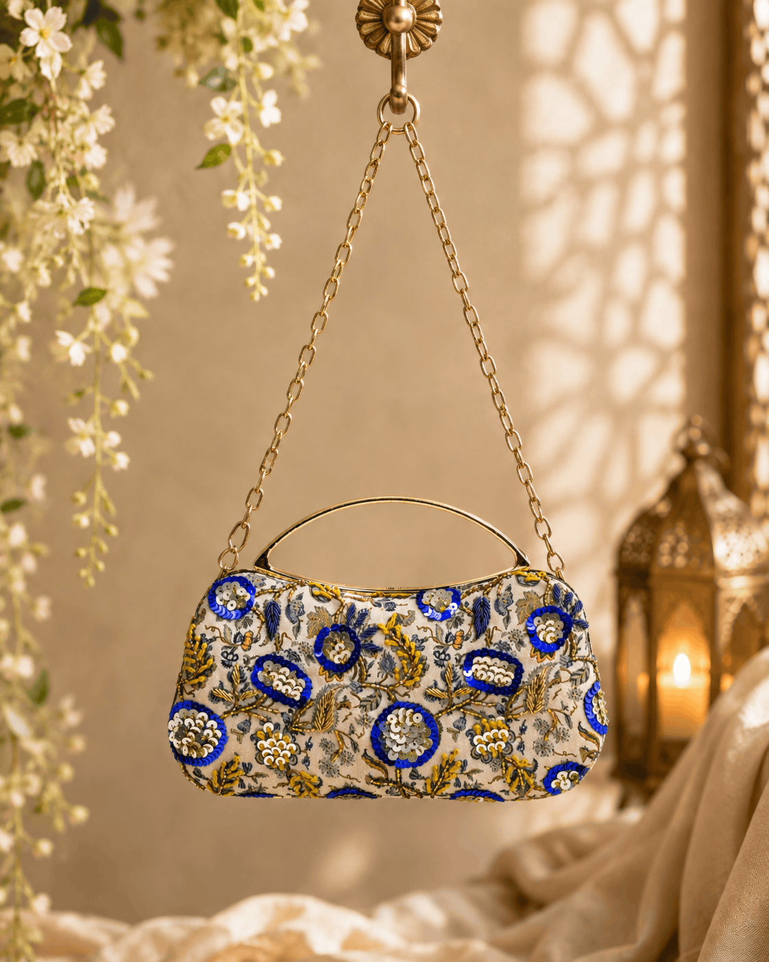 Beige floral clutch bag with blue and gold medallion pattern and chain handle