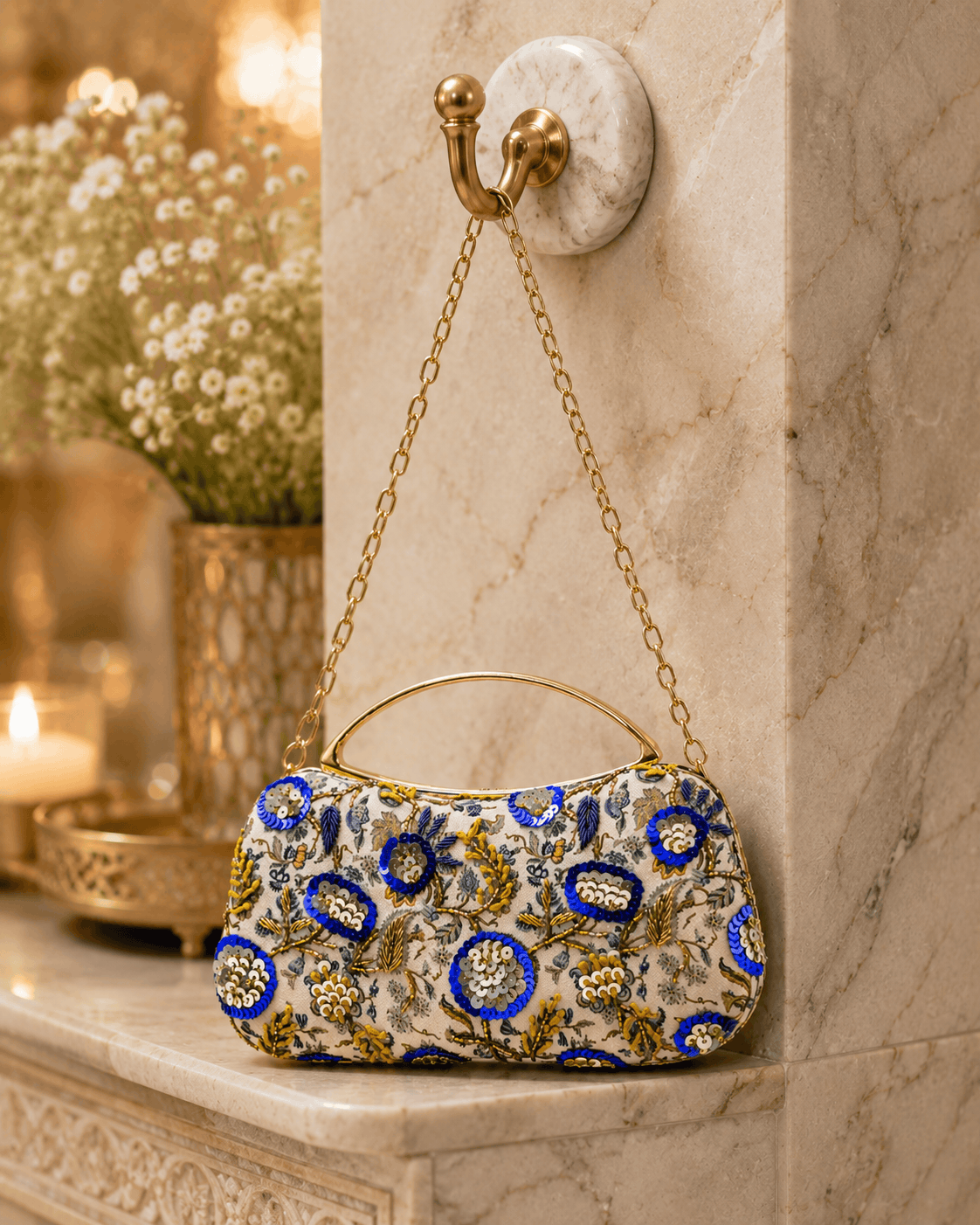 Beige clutch bag with blue floral pattern and gold chain, half-moon top handle
