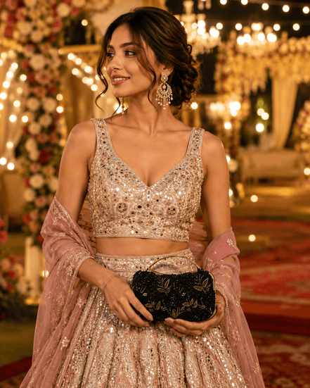 Black floral clutch bag with gold embroidered pattern, held in hands