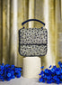 Blue crystal box bag with top handle and hinged clasp, sparkling rhinestone front panel