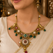 Gold-tone necklace with matching dangling earrings in green and pink stones, worn