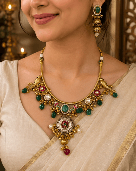 Gold-tone necklace with matching dangling earrings in green and pink stones, worn