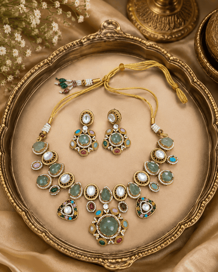 Gold-tone necklace and earrings set with green, white, pink and blue stone accents