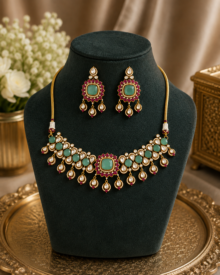 Gold-tone kundan necklace set with dark green stones and red accents; matching earrings.