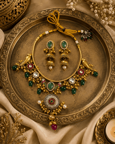 Gold-tone necklace and earrings set with round pendant and multicolor stones on tray