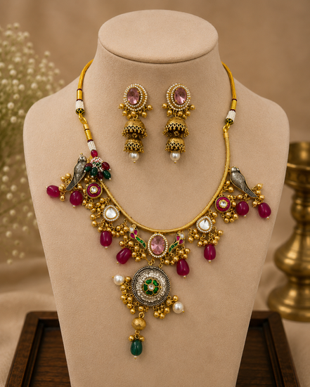 Gold-tone necklace and earring set with pink, green, and red stones on cream stand