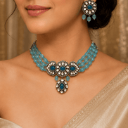 Turquoise beaded floral choker with center drop and matching dangle earrings