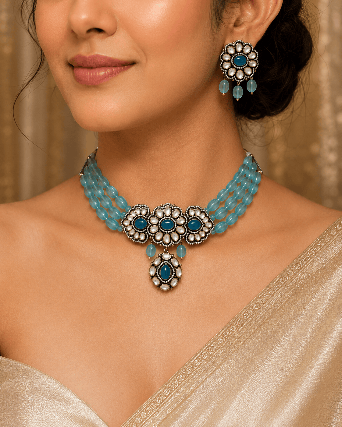 Turquoise beaded floral choker with center drop and matching dangle earrings