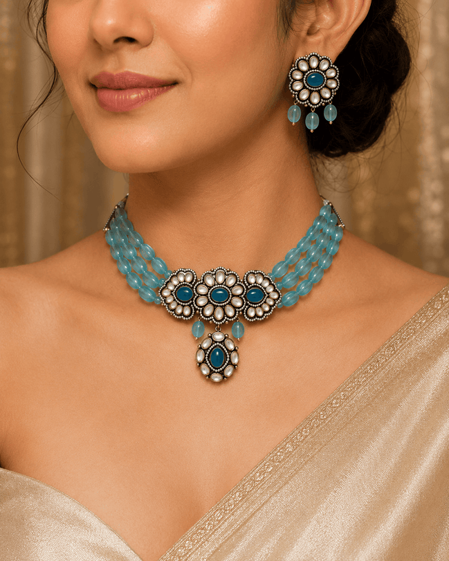 Turquoise beaded floral choker with center drop and matching dangle earrings