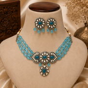 Turquoise floral choker set with beaded collar necklace and matching dangling earrings