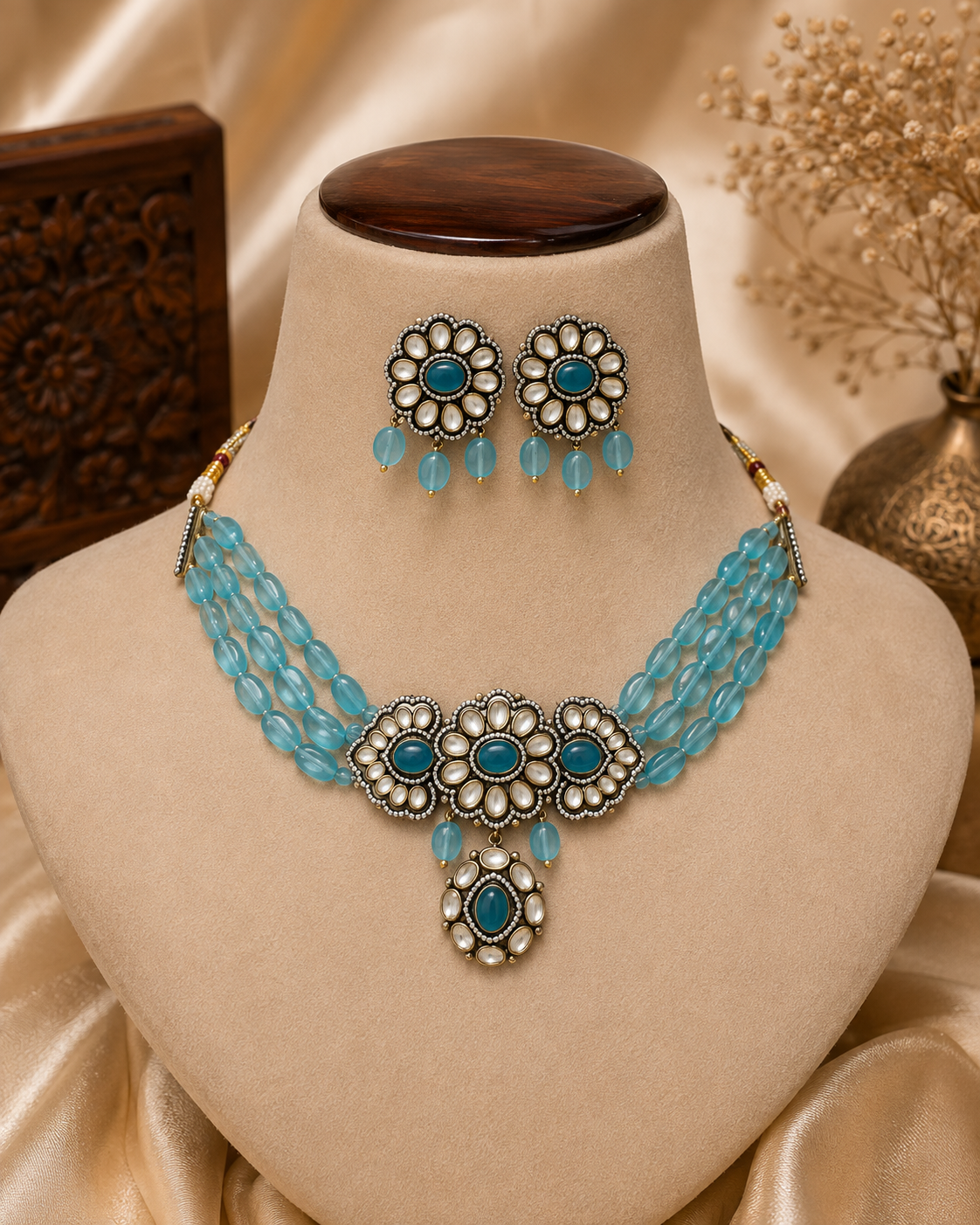 Turquoise floral choker set with beaded collar necklace and matching dangling earrings