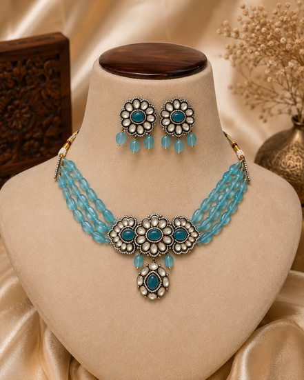 Turquoise floral choker set with beaded collar necklace and matching dangling earrings