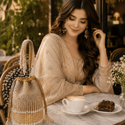 Beige beaded potli bag with drawstring top and long crystal tassel fringe.