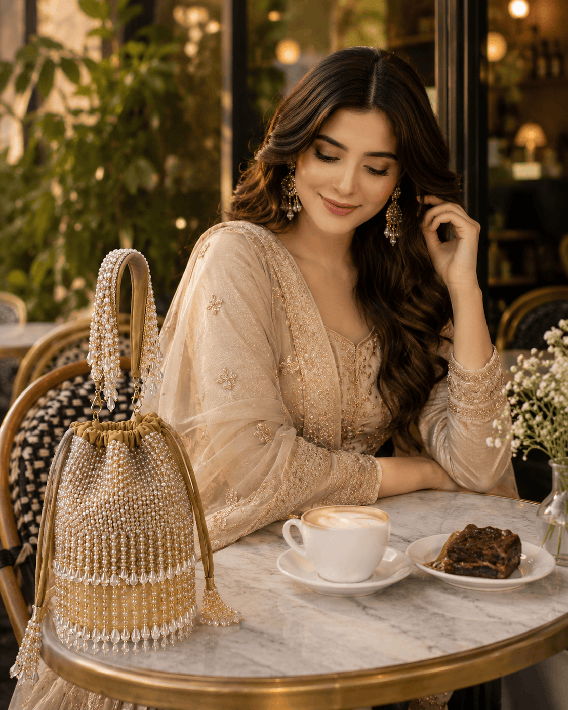 Beige beaded potli bag with drawstring top and long crystal tassel fringe.