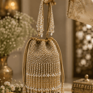 Beige drawstring potli bag with gold beaded body and long hanging tassels.