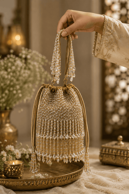 Beige drawstring potli bag with gold beaded body and long hanging tassels.