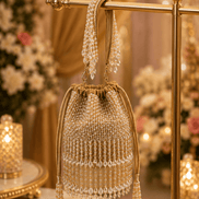 Beige beaded potli bag with tassel fringe, gathered drawstring and crystal drops.