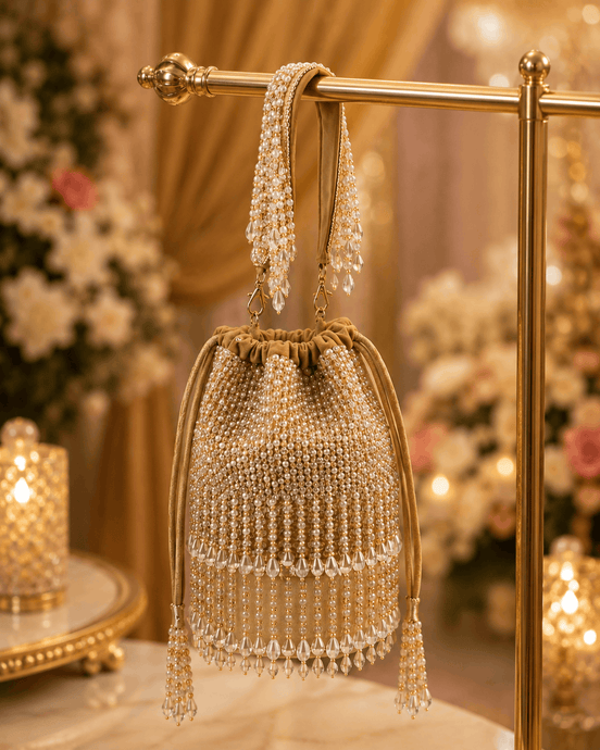 Beige beaded potli bag with tassel fringe, gathered drawstring and crystal drops.
