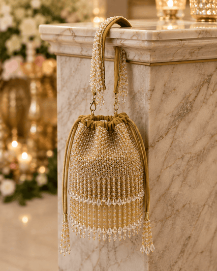 Beige beaded potli bag with drawstring and hanging tassels, crystal fringe.