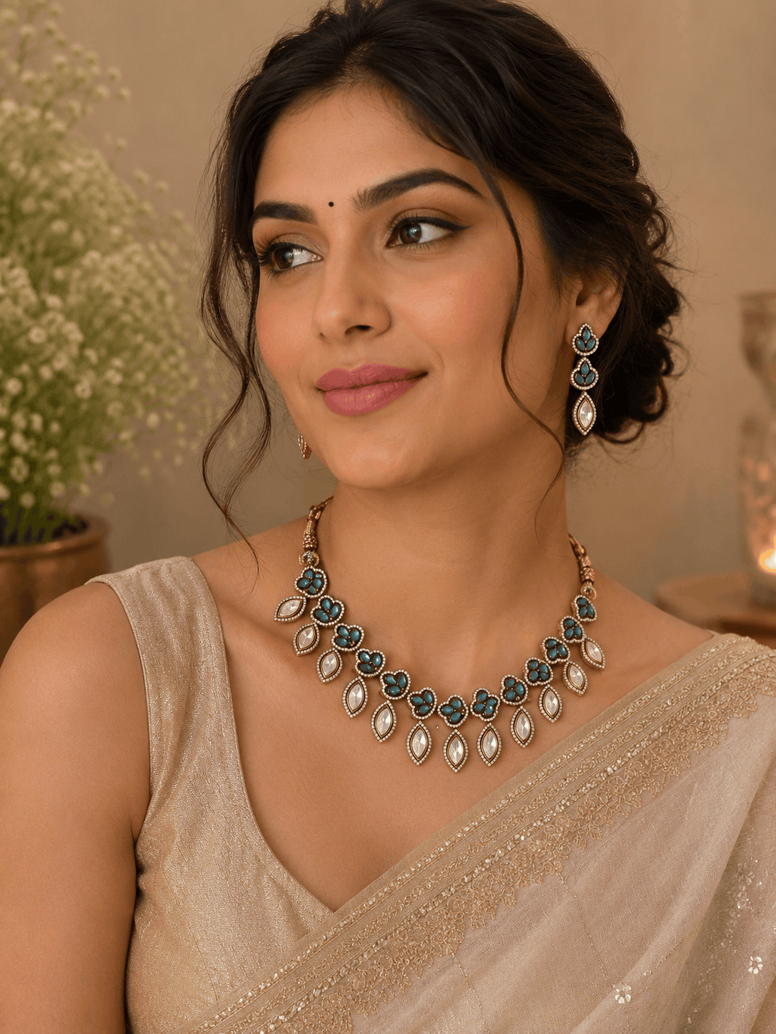 Teal and gold choker-style necklace with dangling drop earrings worn on model