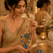 Blue teardrop crystal necklace set with dangling earrings and pearl-like bead accents