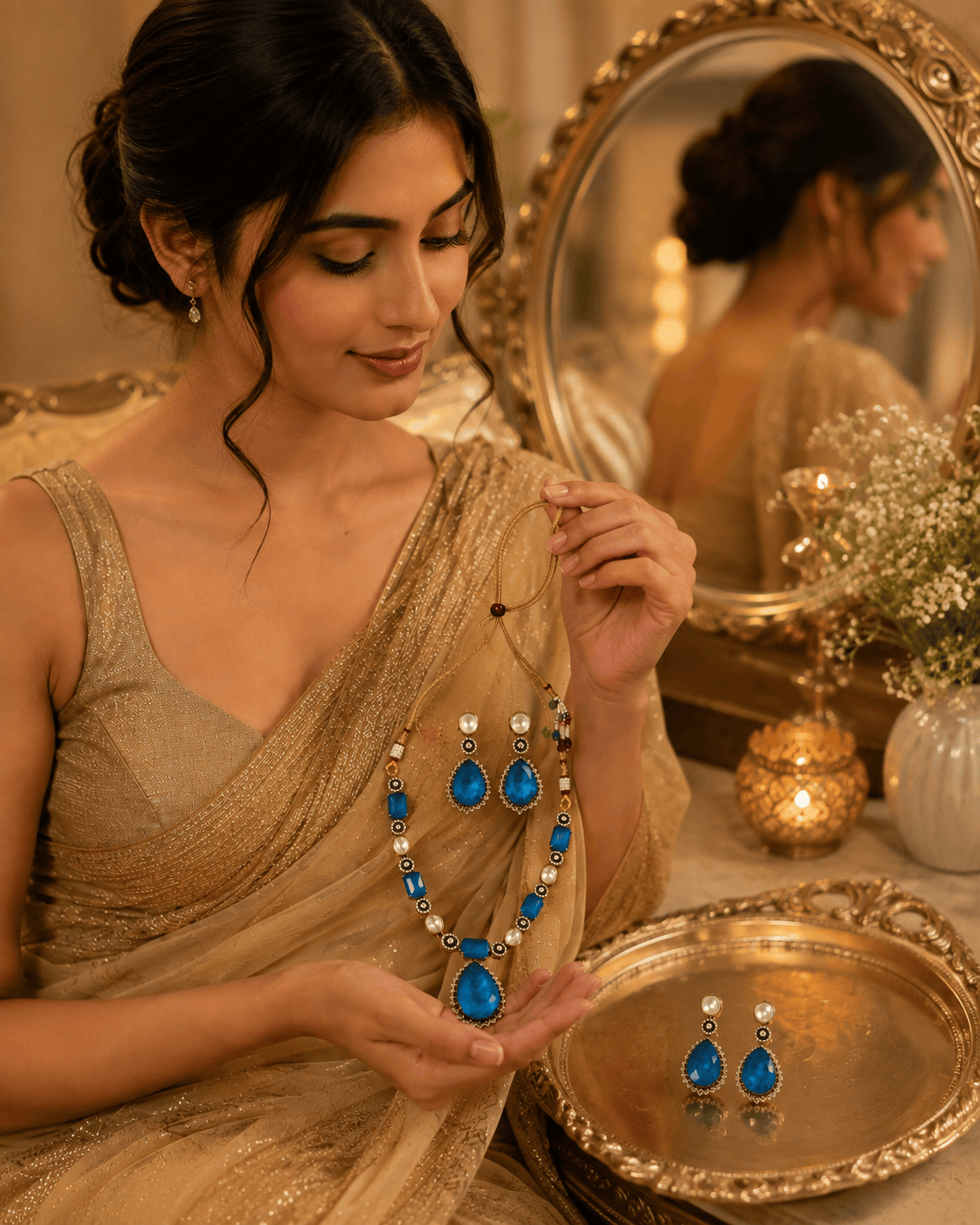 Blue teardrop crystal necklace set with dangling earrings and pearl-like bead accents