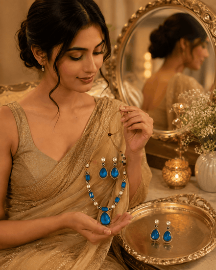 Blue teardrop crystal necklace set with dangling earrings and pearl-like bead accents
